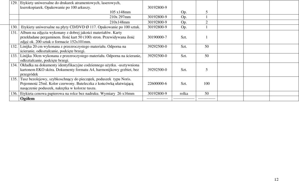 Ilość kart 50 (100) stron. Przewidywana ilość 30190000-7 Szt. 1 zdjęć ok. 200 sztuk o formacie 152x101mm. 132. Linijka 20 cm wykonana z przezroczystego materiału. Odporna na 39292500-0 Szt.