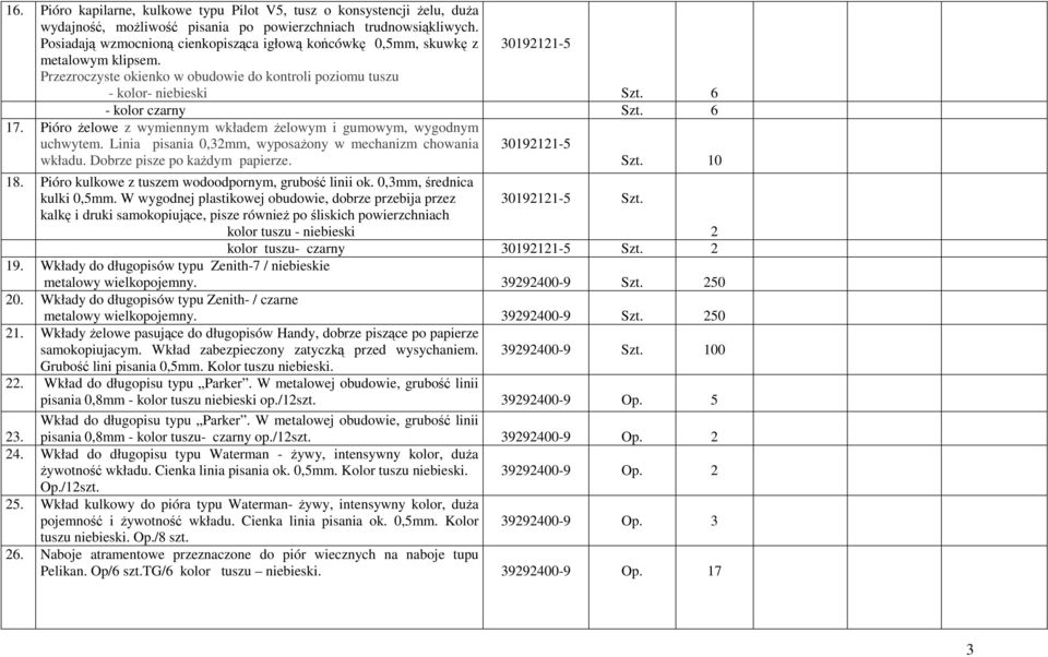 6 - kolor czarny Szt. 6 17. Pióro Ŝelowe z wymiennym wkładem Ŝelowym i gumowym, wygodnym uchwytem. Linia pisania 0,32mm, wyposaŝony w mechanizm chowania wkładu. Dobrze pisze po kaŝdym papierze. 18.