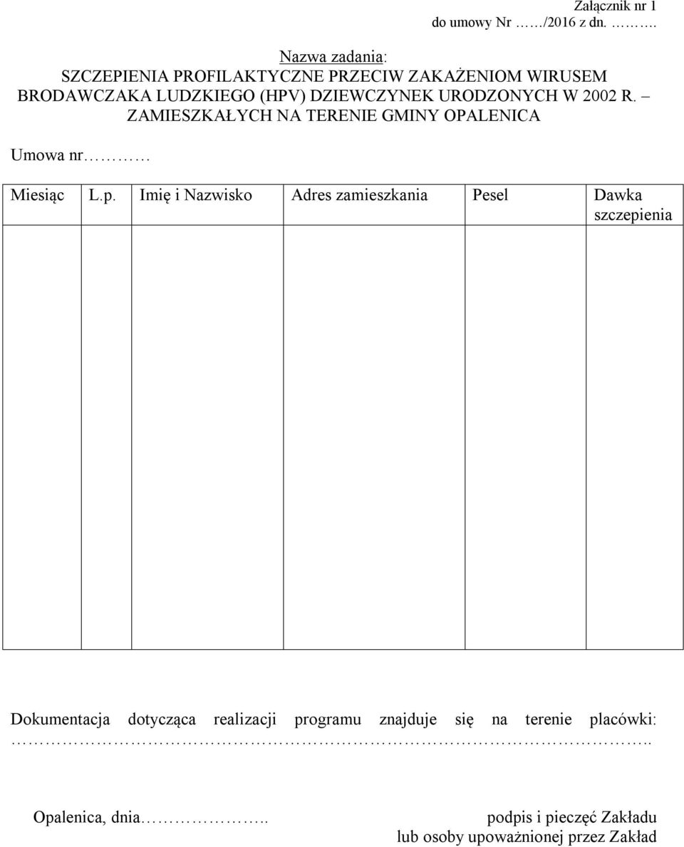 URODZONYCH W 2002 R. ZAMIESZKAŁYCH NA TERENIE GMINY OPALENICA Umowa nr Miesiąc L.p.