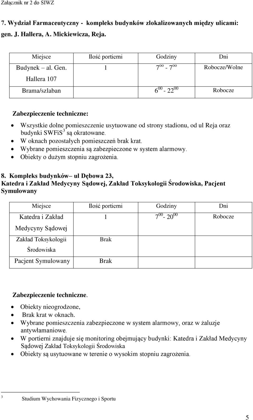 okratowane. W oknach pozostałych pomieszczeń brak krat. Wybrane pomieszczenia są zabezpieczone w system alarmowy. Obiekty o dużym stopniu zagrożenia. 8.