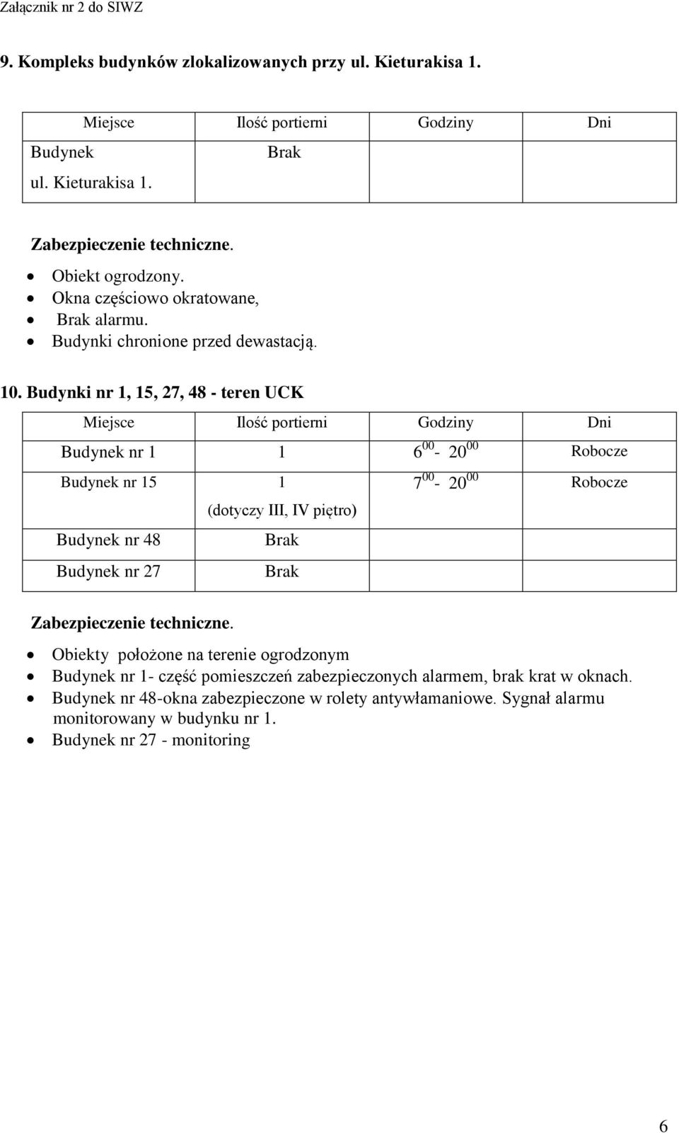 Budynki nr 1, 15, 27, 48 - teren UCK Budynek nr 1 1 6 00-20 00 Robocze Budynek nr 15 1 7 00-20 00 Robocze (dotyczy III, IV piętro) Budynek nr 48