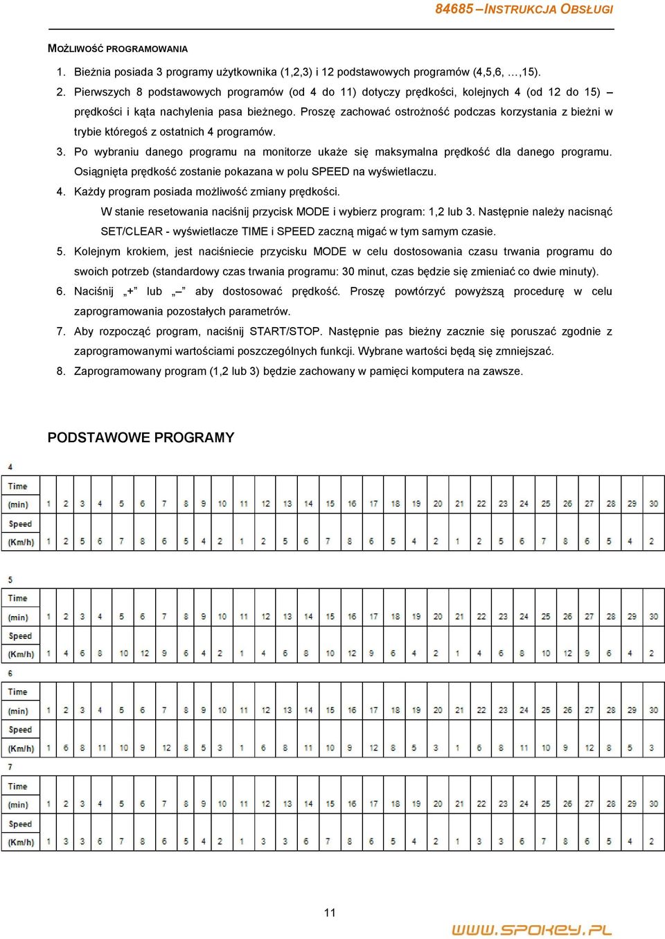 Proszę zachować ostrożność podczas korzystania z bieżni w trybie któregoś z ostatnich 4 programów. 3. Po wybraniu danego programu na monitorze ukaże się maksymalna prędkość dla danego programu.