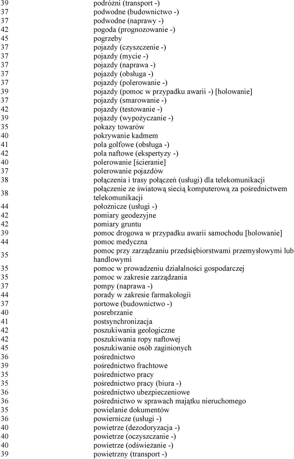 kadmem 41 pola golfowe (obsługa -) 42 pola naftowe (ekspertyzy -) 40 polerowanie [ścieranie] 37 polerowanie pojazdów 38 połączenia i trasy połączeń (usługi) dla telekomunikacji 38 połączenie ze