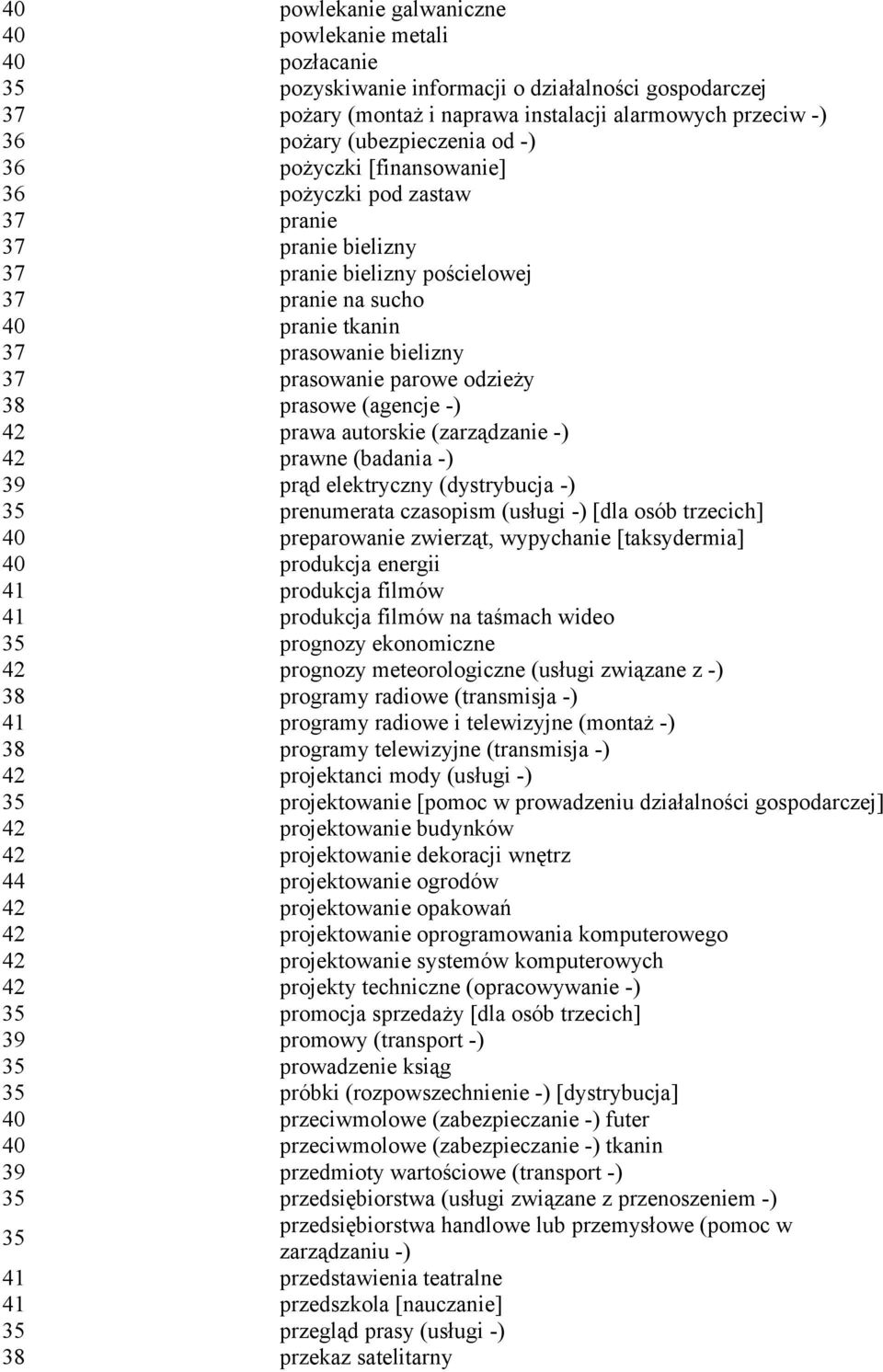 odzieży 38 prasowe (agencje -) 42 prawa autorskie (zarządzanie -) 42 prawne (badania -) 39 prąd elektryczny (dystrybucja -) prenumerata czasopism (usługi -) [dla osób trzecich] 40 preparowanie