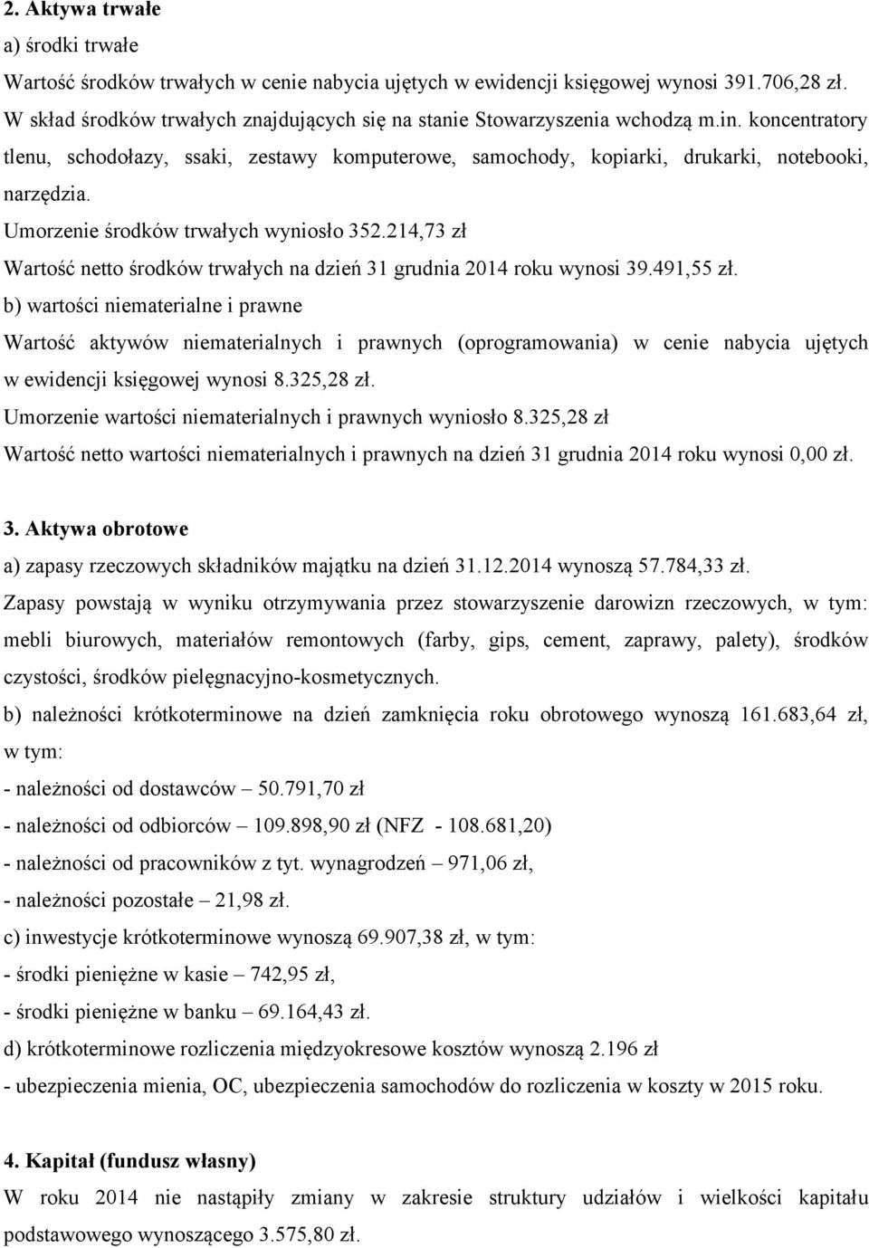 Umorzenie środków trwałych wyniosło 352.214,73 zł Wartość netto środków trwałych na dzień 31 grudnia 2014 roku wynosi 39.491,55 zł.