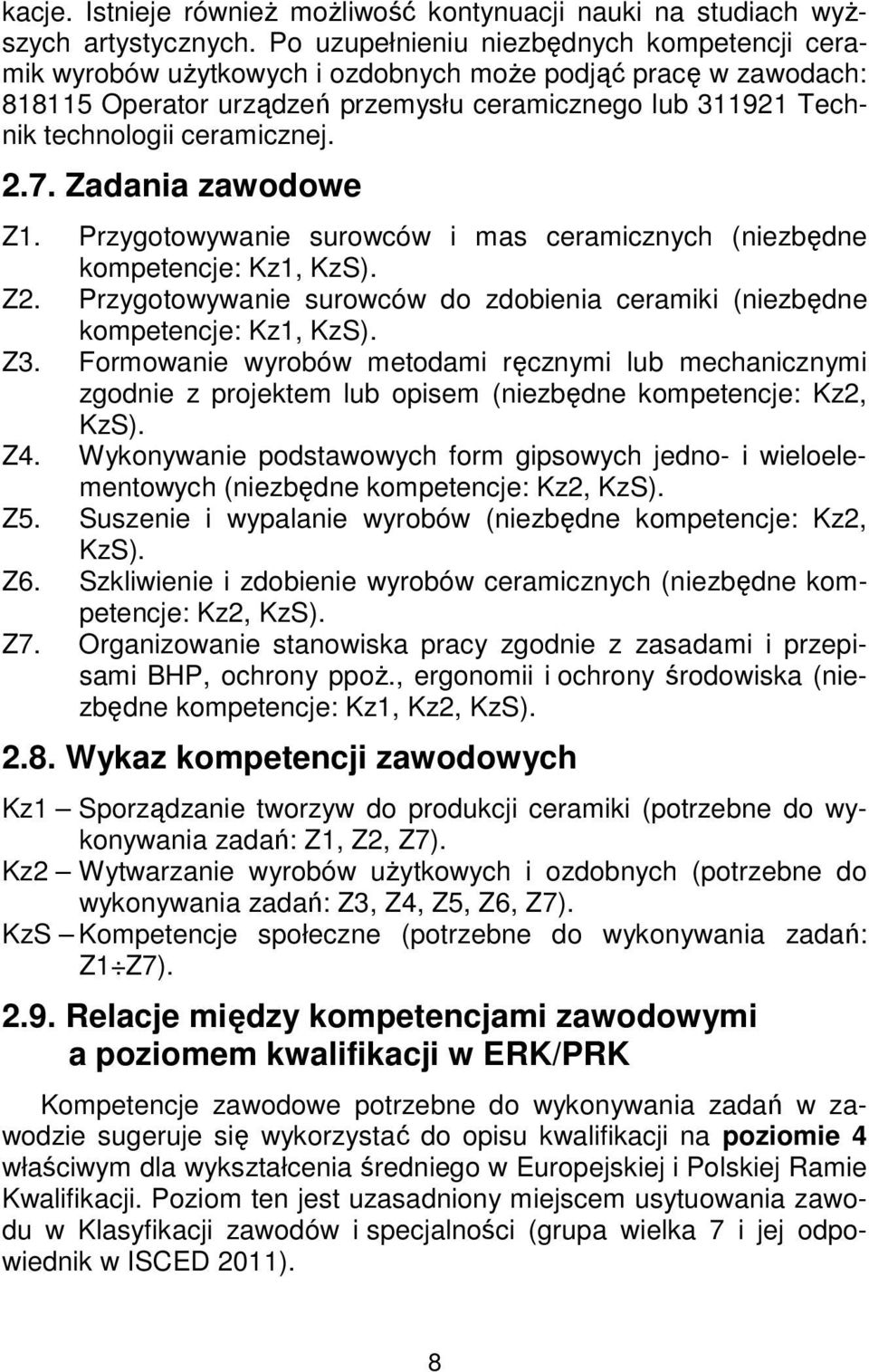 2.7. Zadania zawodowe Z1. Przygotowywanie surowców i mas ceramicznych (niezbędne kompetencje: Kz1, KzS). Z2. Przygotowywanie surowców do zdobienia ceramiki (niezbędne kompetencje: Kz1, KzS). Z3.