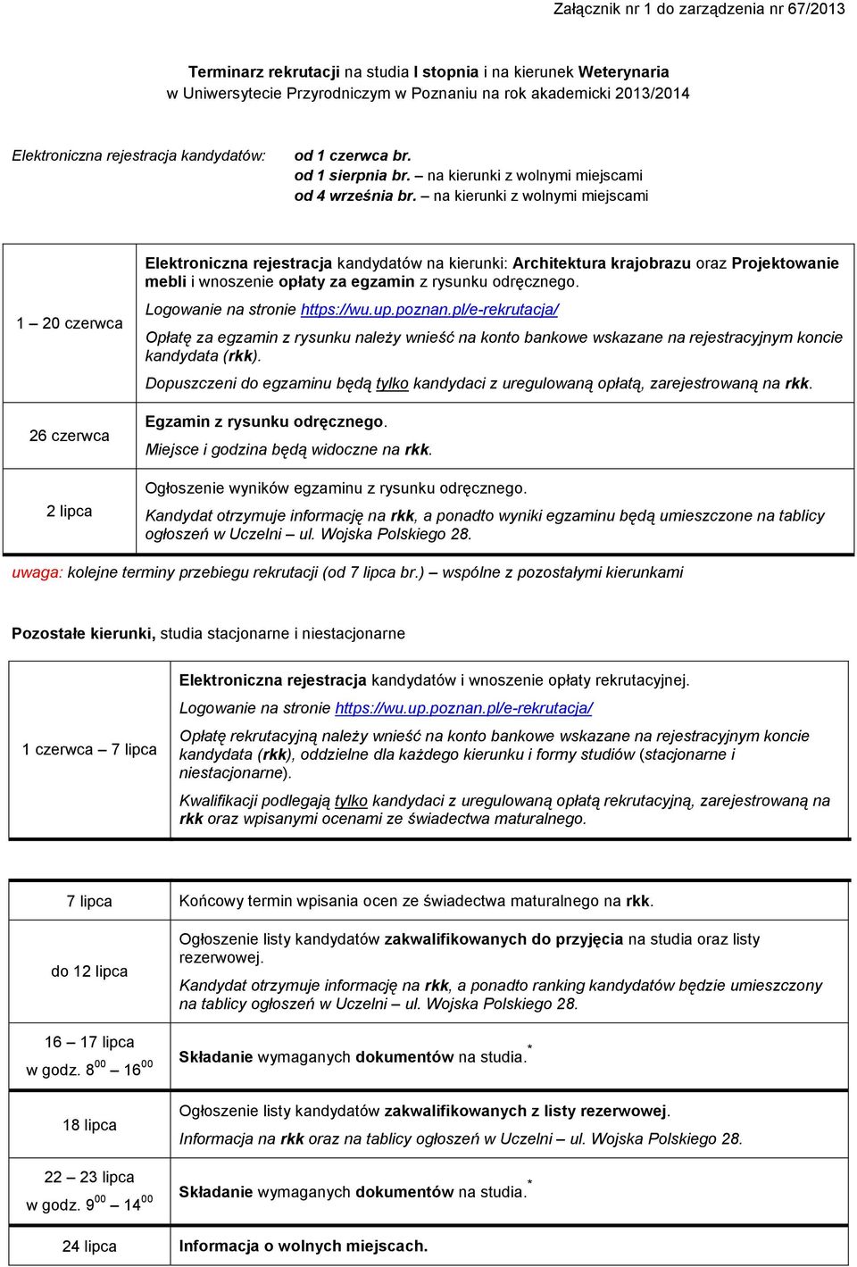 na kierunki z wolnymi miejscami 1 20 czerwca 26 czerwca 2 lipca Elektroniczna rejestracja kandydatów na kierunki: Architektura krajobrazu oraz Projektowanie mebli i wnoszenie opłaty za egzamin z