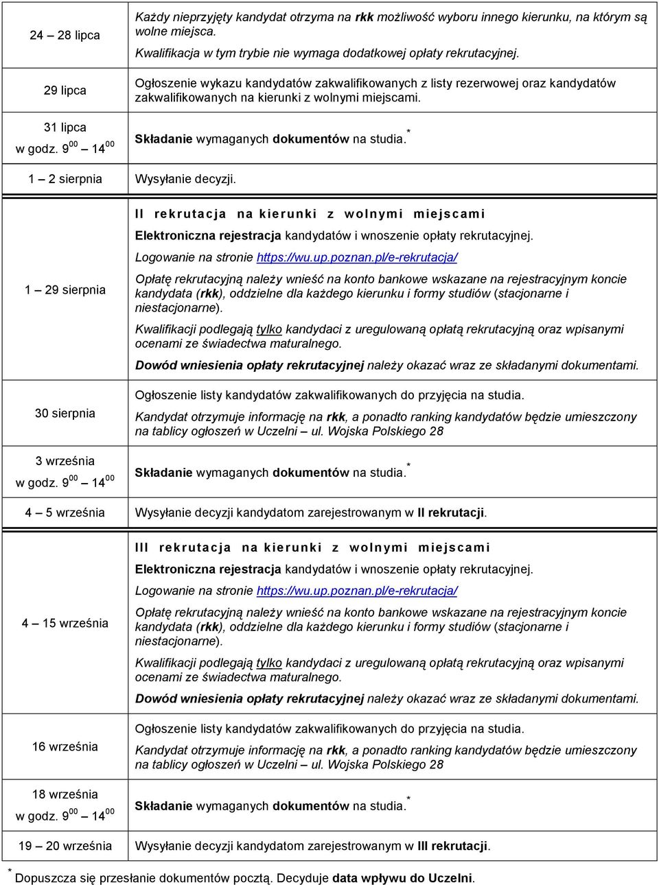 1 29 sierpnia 30 sierpnia II rekrutacja na kierunki z wolnymi miejscami Kwalifikacji podlegają tylko kandydaci z uregulowaną opłatą rekrutacyjną oraz wpisanymi ocenami ze świadectwa maturalnego.
