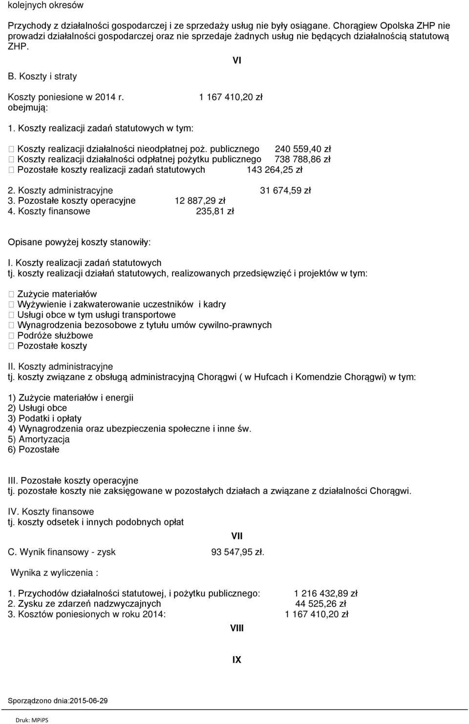 obejmują: 1 167 410,20 zł 1. Koszty realizacji zadań statutowych w tym: Koszty realizacji działalności nieodpłatnej poż.