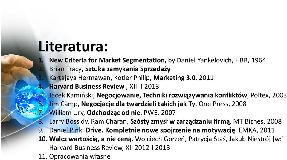 Jim Camp, Negocjacje dla twardzieli takich jak Ty, One Press, 2008 7. William Ury, Odchodząc od nie, PWE, 2007 8.