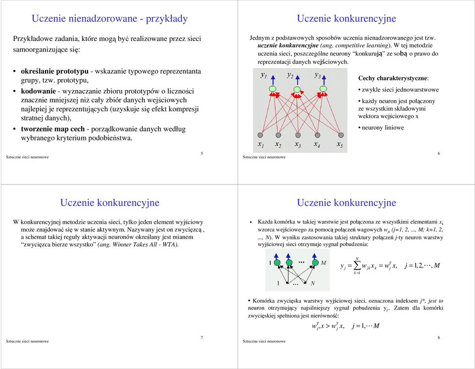 edług ybranego ryterum podobesta. Uczene onurencyne Jednym z podstaoych sposobó uczena nenadzoroanego est tz. uczene onurencyne (ang. compettve learnng).