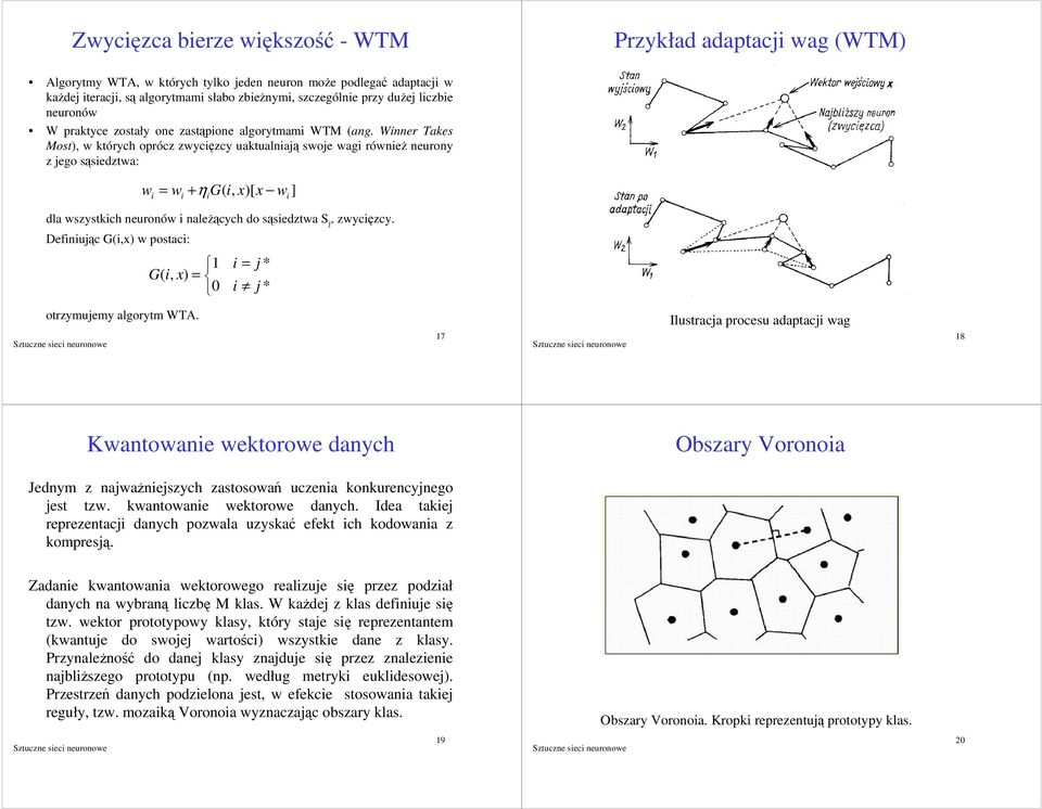 Defnuc G(,x) postac: 1 G(, x) 0 * * otrzymuemy algorytm WTA. 17 Ilustraca procesu adaptac ag 18 Kantoane etoroe danych Obszary Voronoa Jednym z naaneszych zastosoa uczena onurencynego est tz.