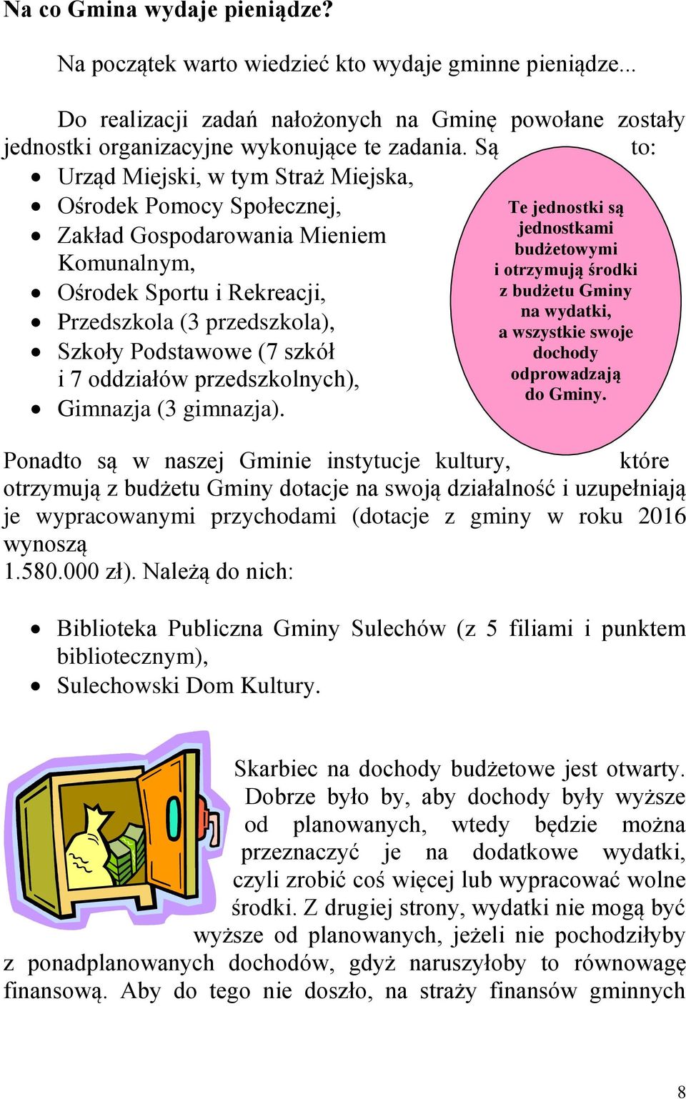 oddziałów przedszkolnych), Gimnazja (3 gimnazja). Te jednostki są jednostkami budżetowymi i otrzymują środki z budżetu Gminy na wydatki, a wszystkie swoje dochody odprowadzają do Gminy. do budżetu.