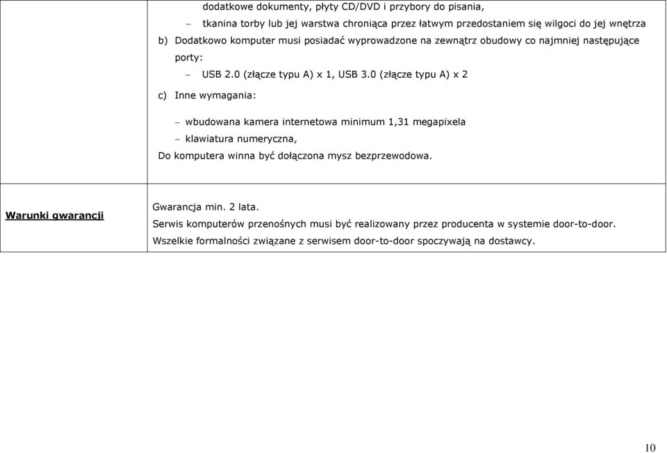 0 (złącze typu A) x 2 c) Inne wymagania: wbudowana kamera internetowa minimum 1,31 megapixela klawiatura numeryczna, Do komputera winna być dołączona mysz