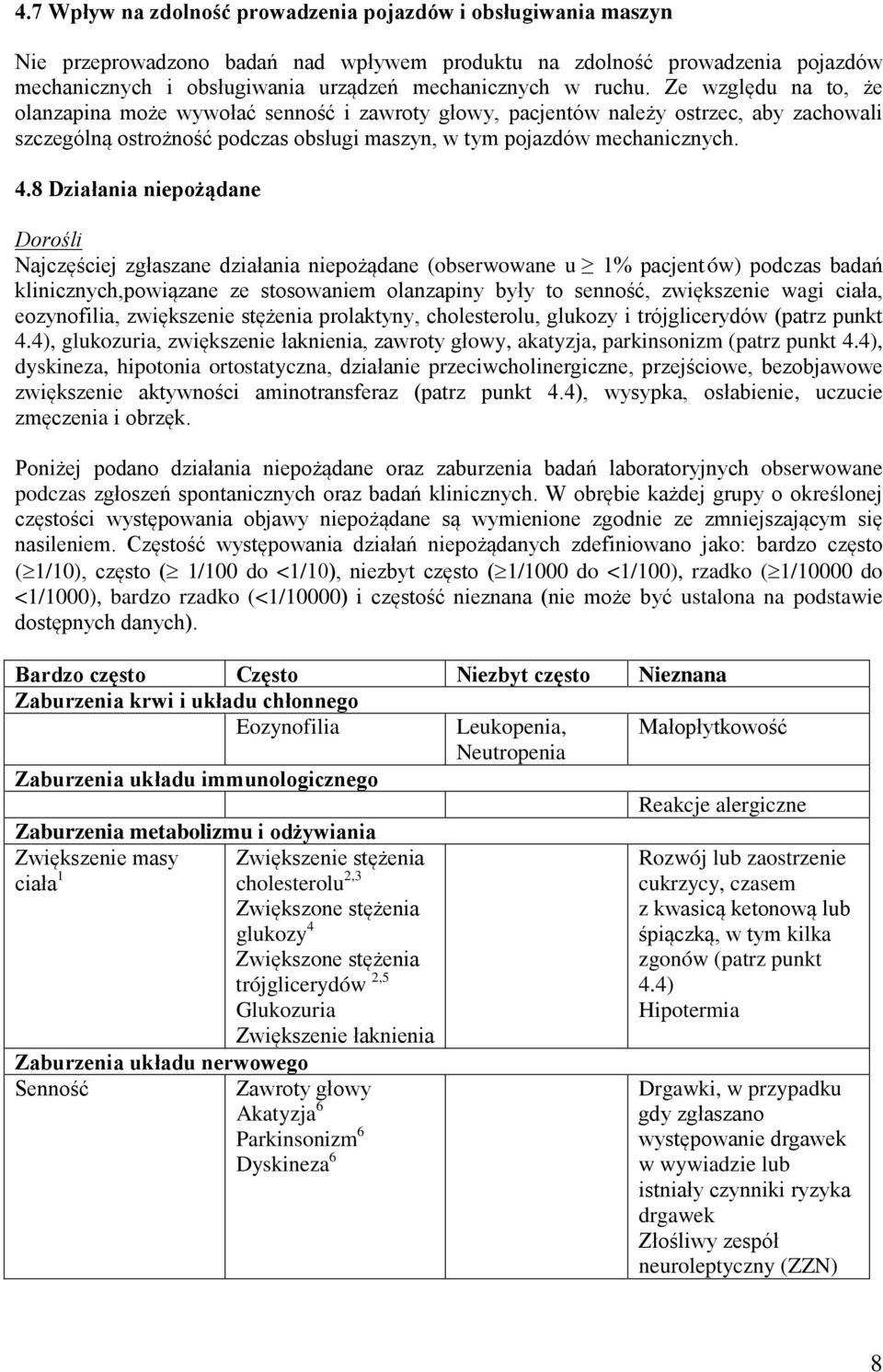 8 Działania niepożądane Dorośli Najczęściej zgłaszane działania niepożądane (obserwowane u 1% pacjent ów) podczas badań klinicznych,powiązane ze stosowaniem olanzapiny były to senność, zwiększenie