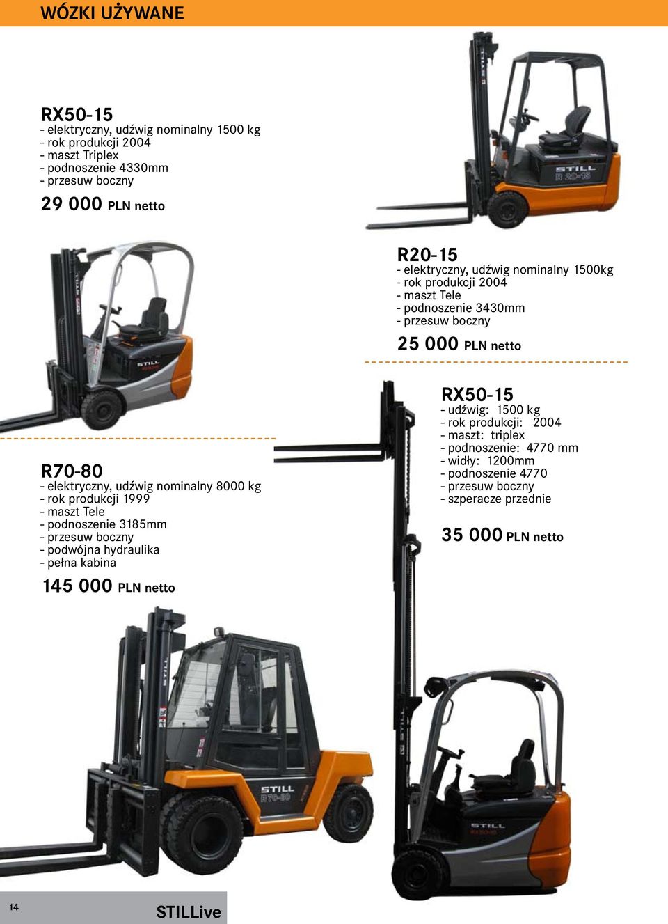 nominalny 8000 kg - rok produkcji 1999 - maszt Tele - podnoszenie 3185mm - przesuw boczny - podwójna hydraulika - pełna kabina 145 000 PLN netto RX50-15 -