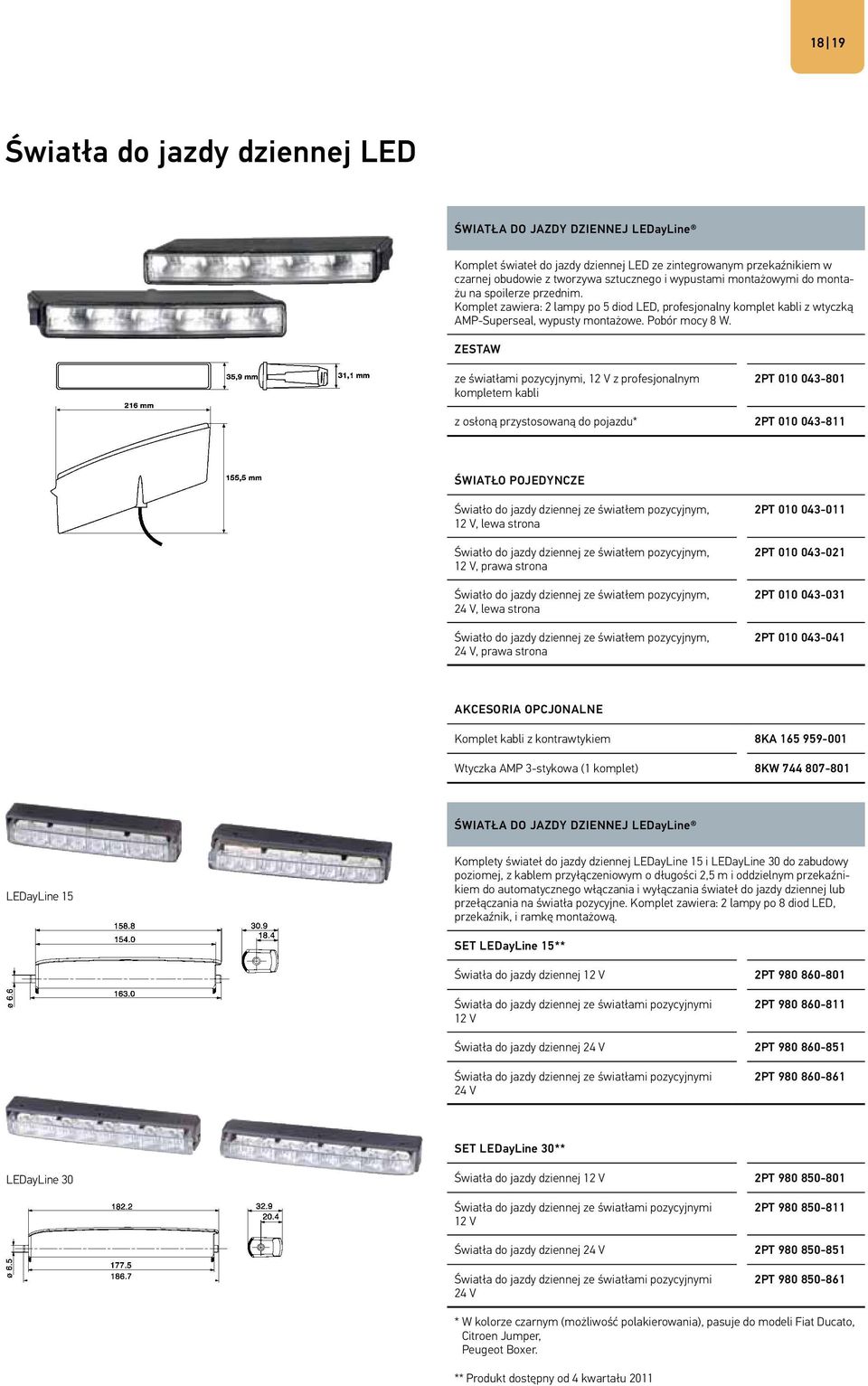 Zestaw ze światłami pozycyjnymi, 12 V z profesjonalnym kompletem kabli 2PT 010 043-801 z osłoną przystosowaną do pojazdu* 2PT 010 043-811 Światło pojedyncze Światło do jazdy dziennej ze światłem