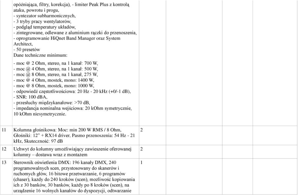 stereo, na kanał: 500 W, - moc @ 8 Ohm, stereo, na kanał, 75 W, - moc @ 4 Ohm, mostek, mono: 400 W, - moc @ 8 Ohm, mostek, mono: 000 W, - odpowiedź częstotliwościowa: 0 Hz - 0 khz (+0/- db), - SNR: