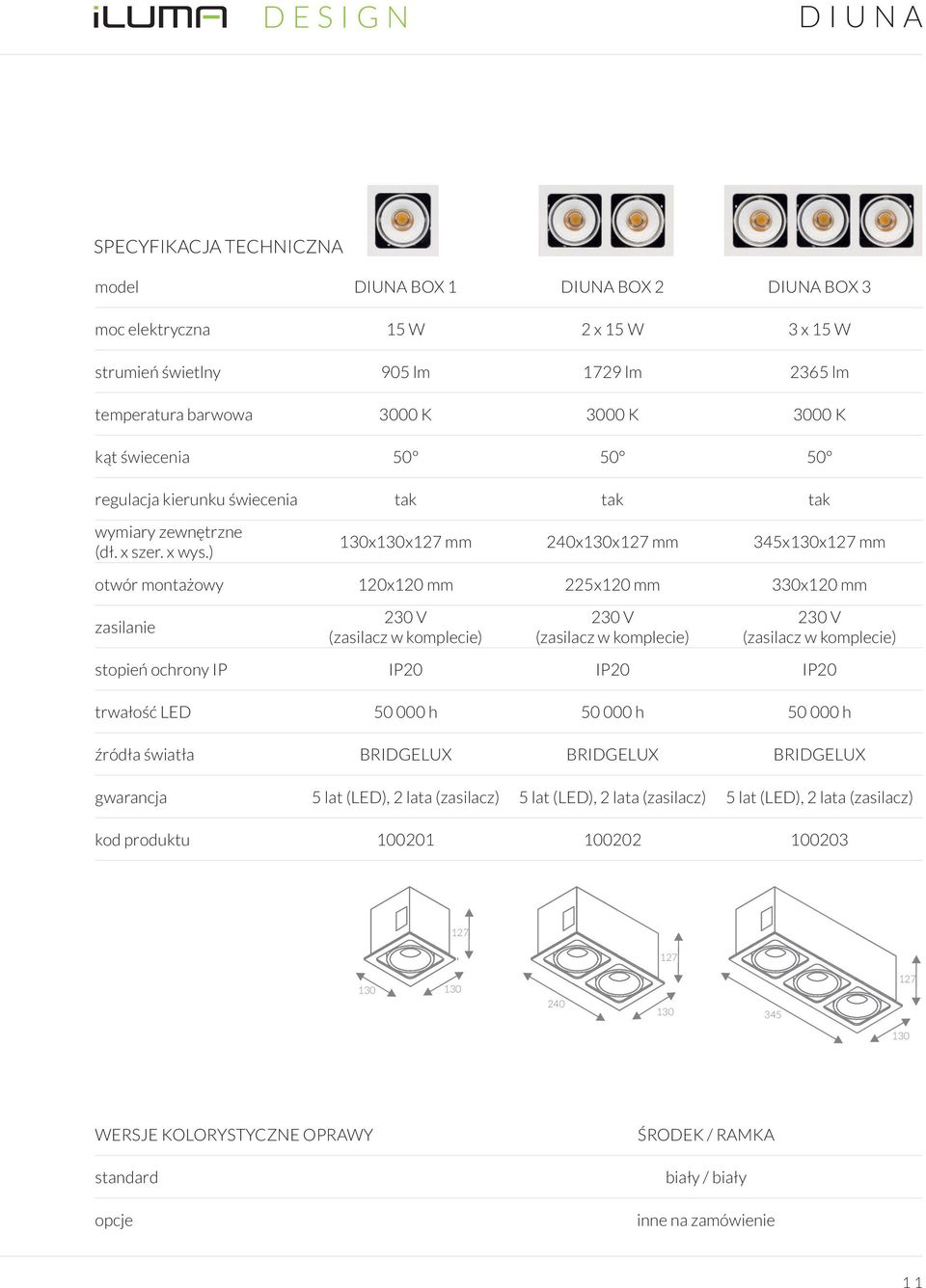 330x120 mm zasilanie 230 V (zasilacz w komplecie) 230 V (zasilacz w komplecie) 230 V (zasilacz w komplecie) stopień ochrony IP IP20 IP20 IP20 trwałość LED 50 000 h 50 000 h 50 000 h źródła światła