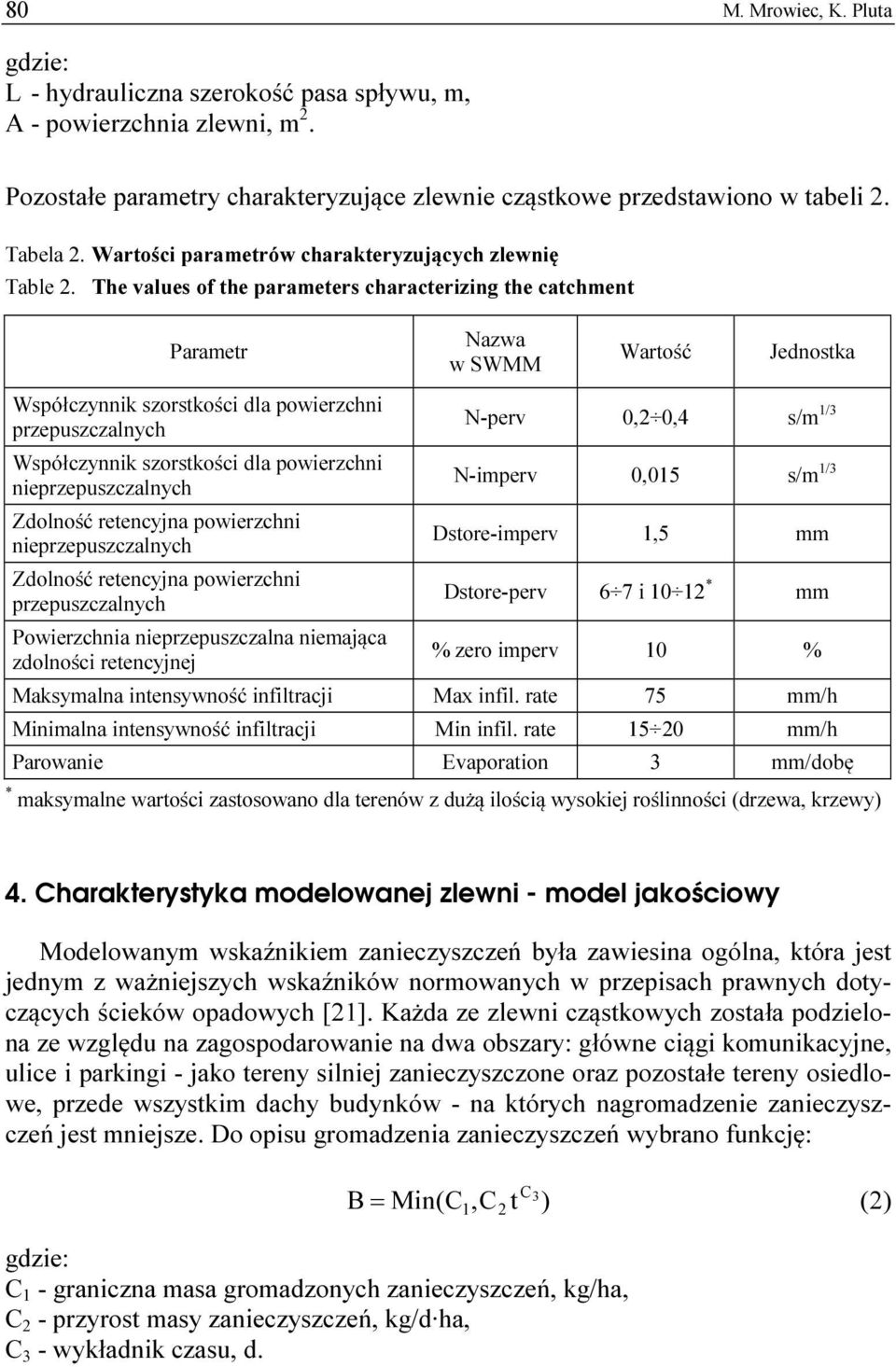 The values of the parameters characterizing the catchment Parametr Współczynnik szorstkości dla powierzchni przepuszczalnych Współczynnik szorstkości dla powierzchni nieprzepuszczalnych Zdolność