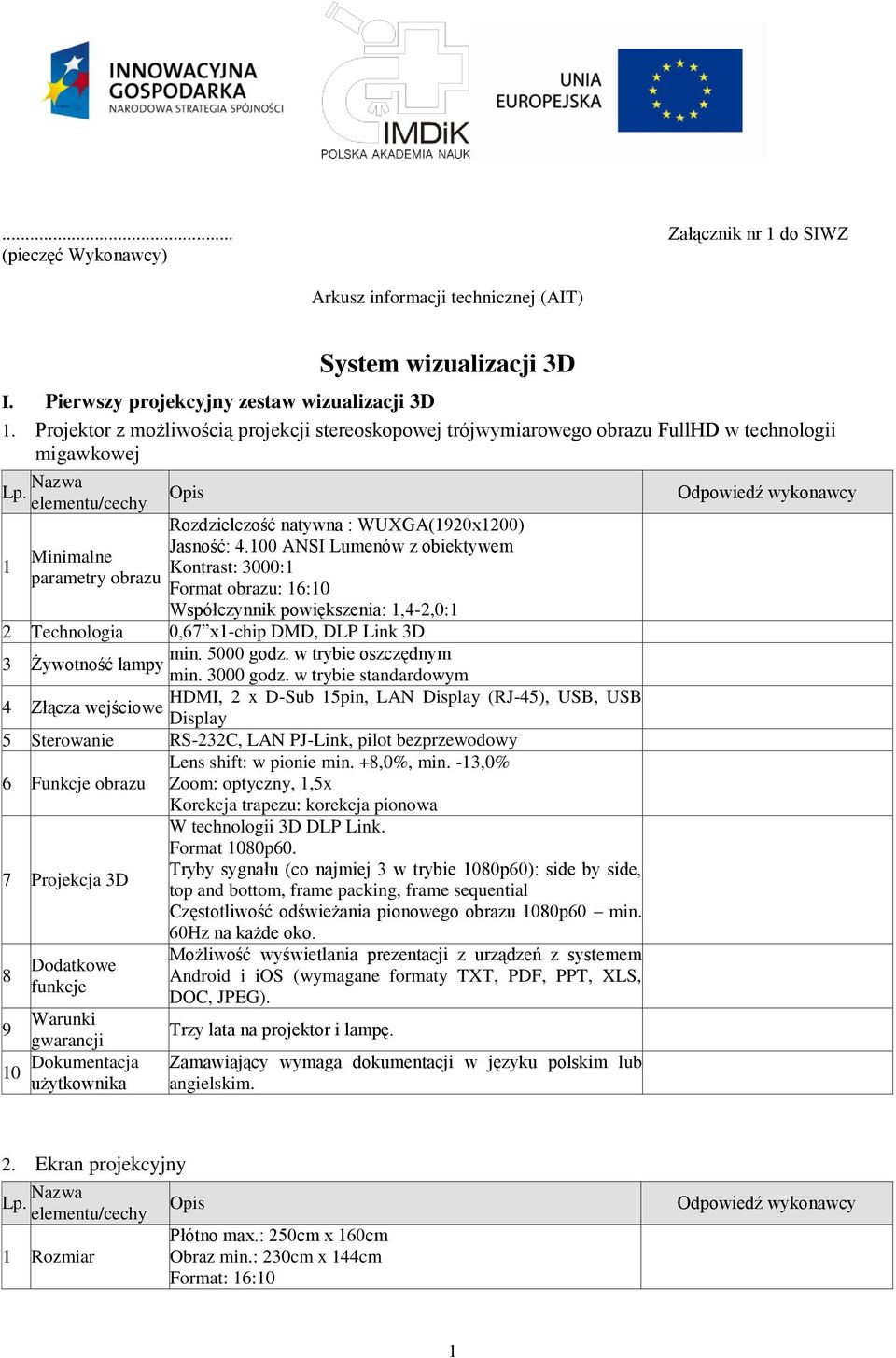 100 ANSI Lumenów z obiektywem Kontrast: 3000:1 Format obrazu: 16:10 Współczynnik powiększenia: 1,4-2,0:1 2 Technologia 0,67 x1-chip DMD, DLP Link 3D min. 5000 godz.