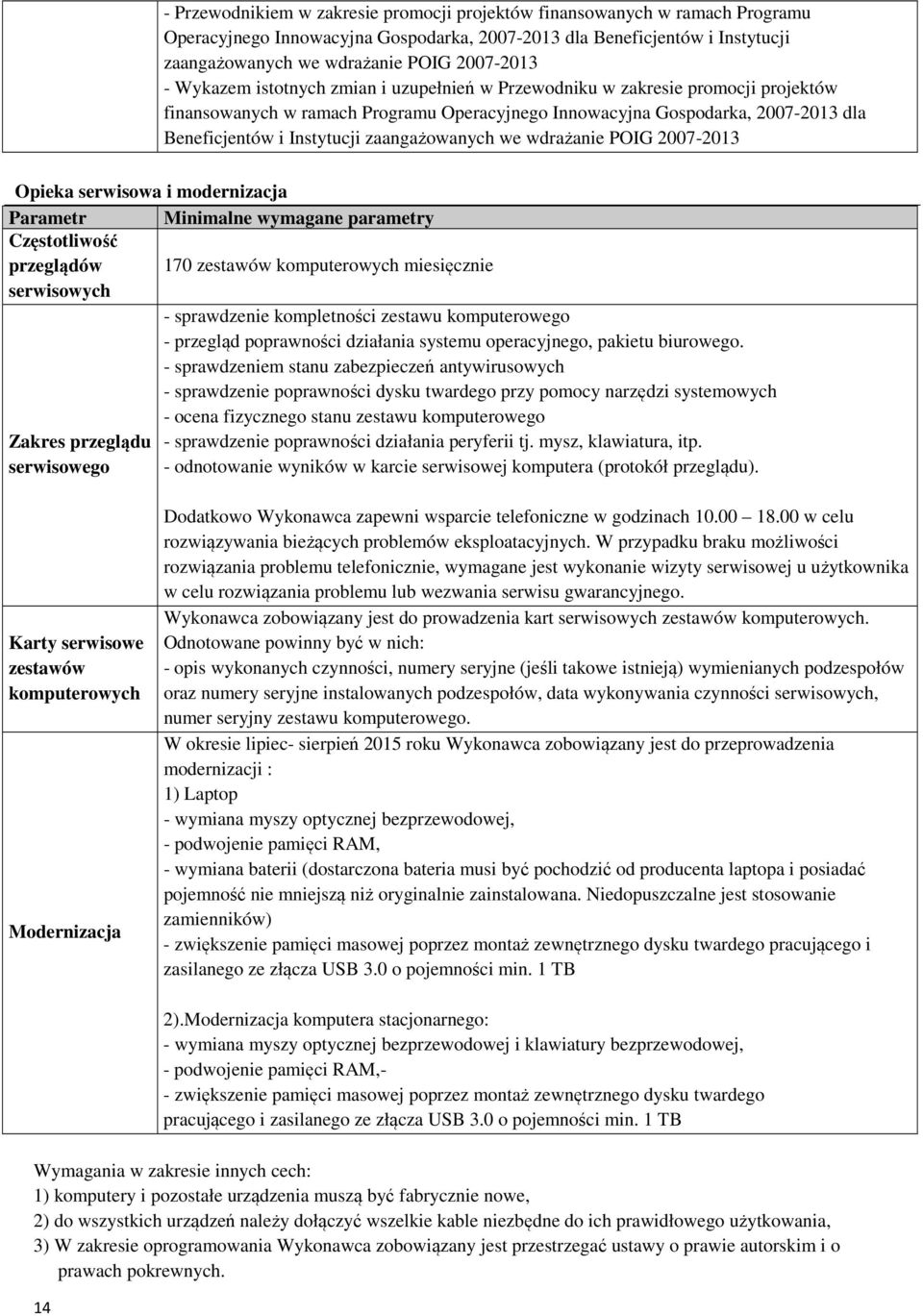 zaangażowanych we wdrażanie POIG 2007-2013 Opieka serwisowa i modernizacja Parametr Minimalne wymagane parametry Częstotliwość przeglądów 170 zestawów komputerowych miesięcznie serwisowych Zakres