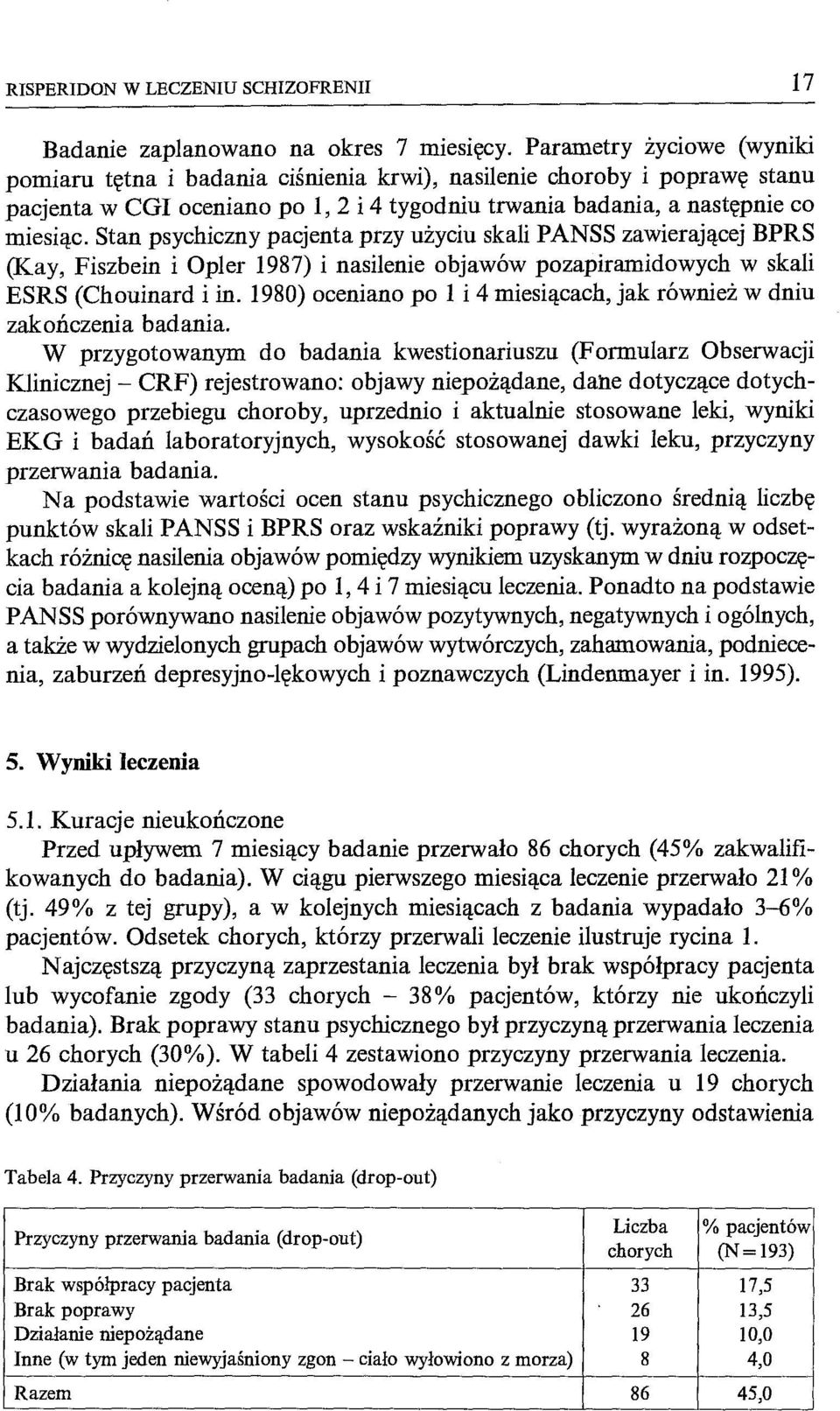 Stan psychiczny pacjenta przy użyciu skali PANSS zawierającej BPRS (Kay, Fiszbein i Opler 1987) i nasilenie objawów pozapiramidowych w skali ESRS (Chouinard i in.