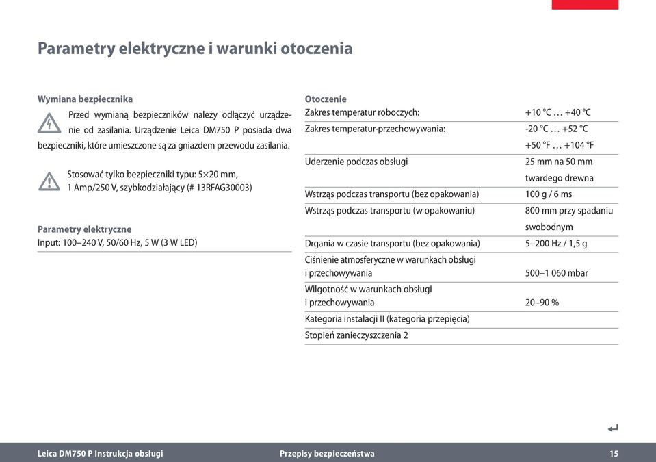 Stosować tylko bezpieczniki typu: 5 20 mm, 1 Amp/250 V, szybkodziałający (# 13RFAG30003) Parametry elektryczne Input: 100 240 V, 50/60 Hz, 5 W (3 W LED) Otoczenie Zakres temperatur roboczych: +10 C