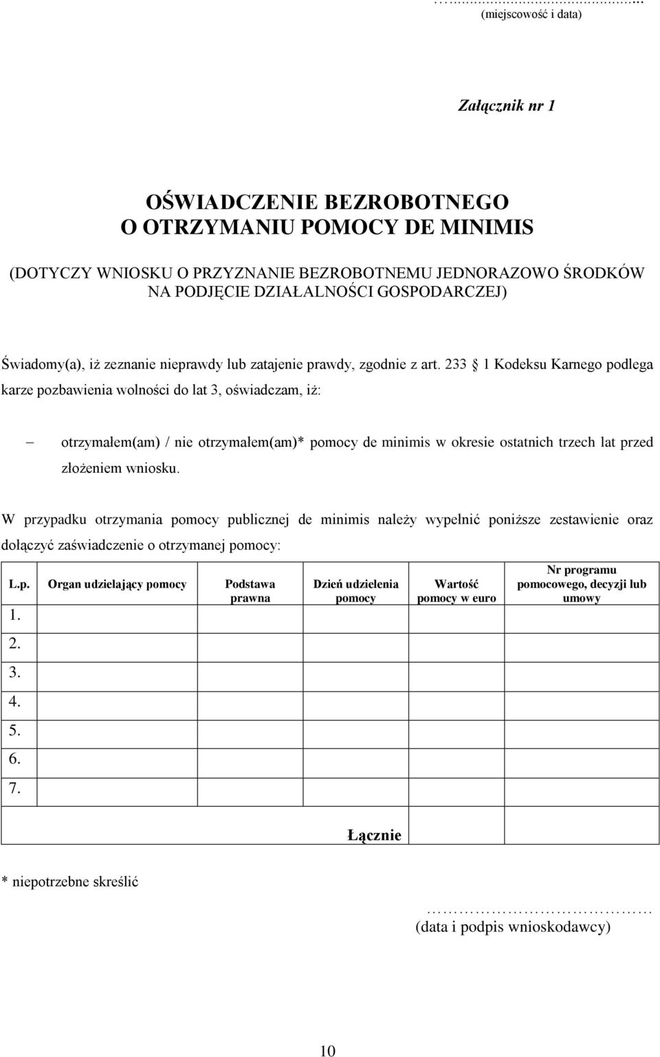 233 1 Kodeksu Karnego podlega karze pozbawienia wolności do lat 3, oświadczam, iż: otrzymałem(am) / nie otrzymałem(am)* pomocy de minimis w okresie ostatnich trzech lat przed złożeniem wniosku.