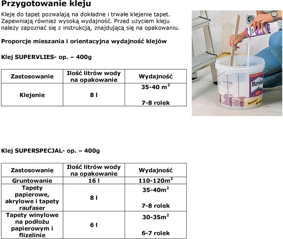 400g Zastosowanie Klejenie Ilość litrów wody na opakowanie 8 l Wydajność 35-40 m 2 7-8 rolek Klej SUPERSPECJAL- op.