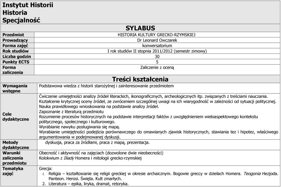 zainteresowanie przedmiotem Ćwiczenie umiejętności analizy źródeł literackich, ikonograficznych, archeologicznych itp. związanych z treściami nauczania.