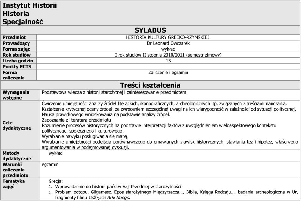 zainteresowanie przedmiotem Ćwiczenie umiejętności analizy źródeł literackich, ikonograficznych, archeologicznych itp. związanych z treściami nauczania.