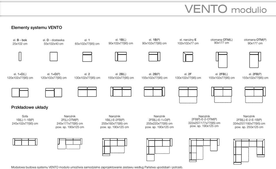 2B(P) 155x102x77(95) cm el. 2F 130x102x77(95) cm el. 2FB(L) 155x102x77(95) cm el. 2FB(P) 155x102x77(95) cm Przkładowe układy Sofa 1B(L)-1-1B(P) 245x102x77(95) cm 2F(L)-OTM(P) 245x177x77(95) cm pow.