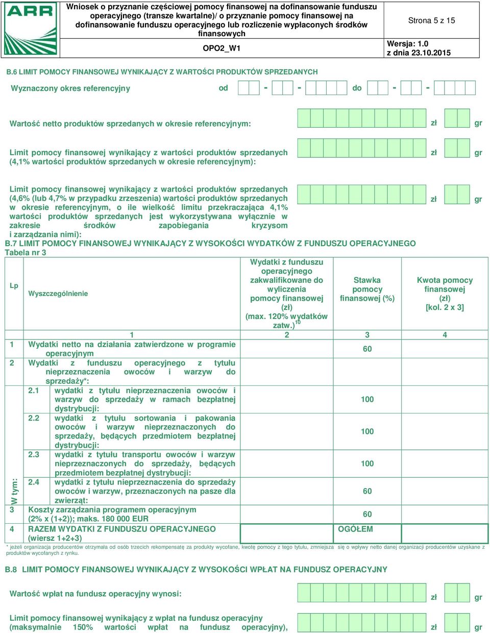 finansowej wynikający z wartości produktów sprzedanych (4,1% wartości produktów sprzedanych w okresie referencyjnym): zł gr Limit pomocy finansowej wynikający z wartości produktów sprzedanych (4,6%