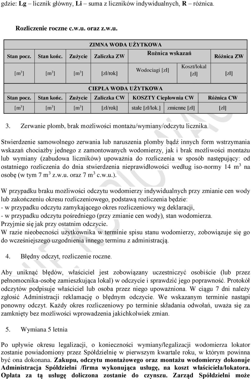 Zużycie Zaliczka CW KOSZTY Ciepłownia CW Różnica CW [m 3 ] [m 3 ] [m 3 ] [zł/rok] stałe [zł/lok.] zmienne [zł] [zł] 3. Zerwanie plomb, brak możliwości montażu/wymiany/odczytu licznika.