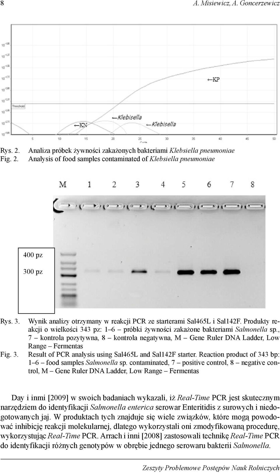 , 7 kontrola pozytywna, 8 kontrola negatywna, M Gene Ruler DNA Ladder, Low Range Fermentas Result of PCR analysis using Sal465L and Sal142F starter.