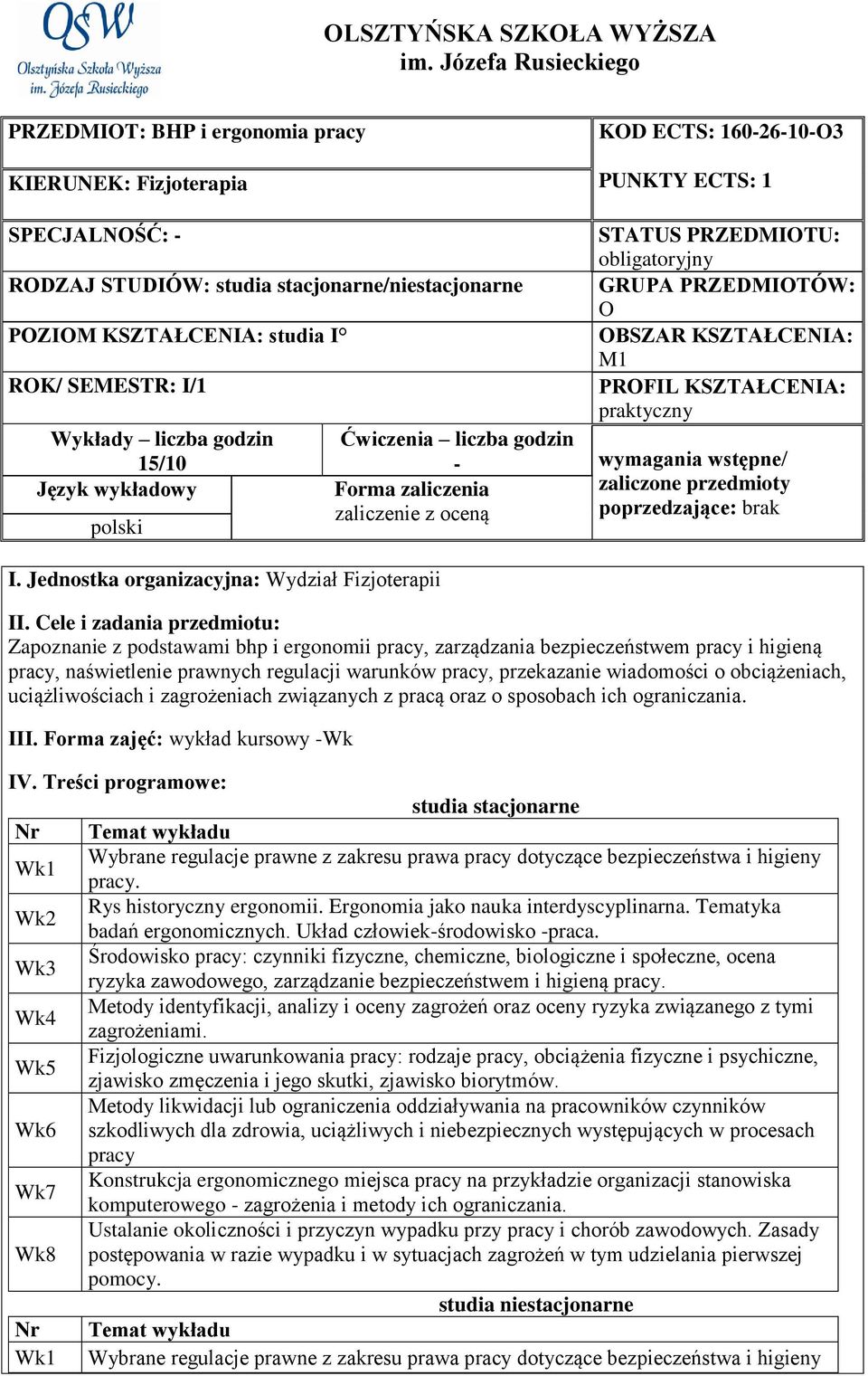 stacjonarne/niestacjonarne GRUPA PRZEDMIOTÓW: O POZIOM KSZTAŁCENIA: studia I OBSZAR KSZTAŁCENIA: M1 ROK/ SEMESTR: I/1 PROFIL KSZTAŁCENIA: praktyczny Wykłady liczba godzin Ćwiczenia liczba godzin