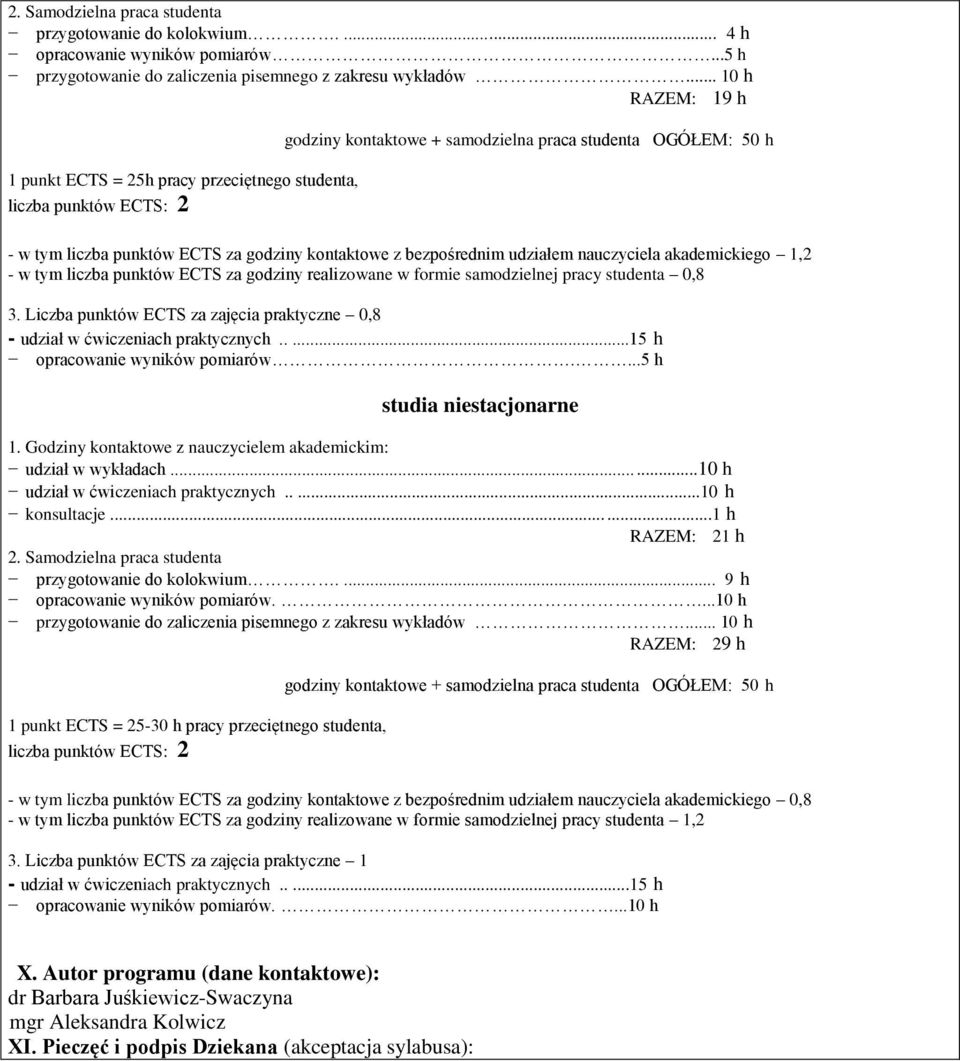 kontaktowe z bezpośrednim udziałem nauczyciela akademickiego 1,2 - w tym liczba punktów ECTS za godziny realizowane w formie samodzielnej pracy studenta 0,8 3.