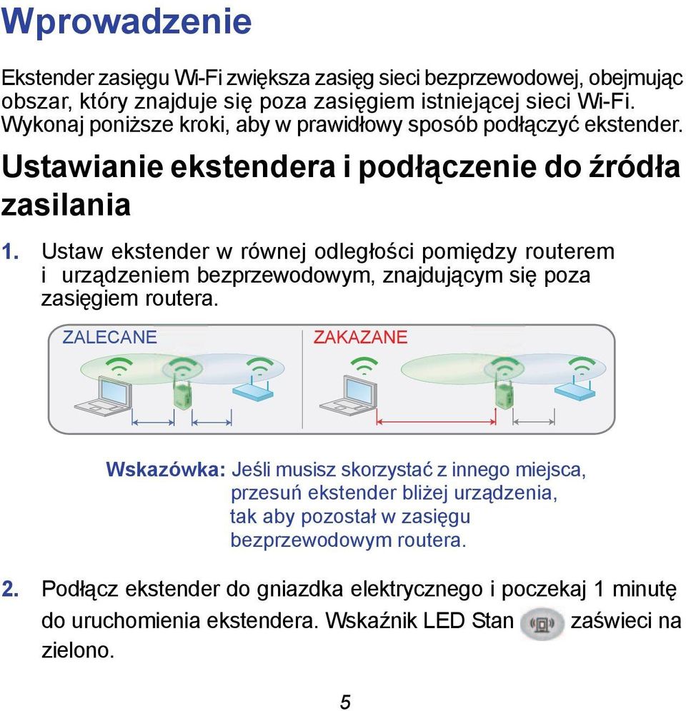 Ustaw ekstender w równej odległości pomiędzy routerem i urządzeniem bezprzewodowym, znajdującym się poza zasięgiem routera.