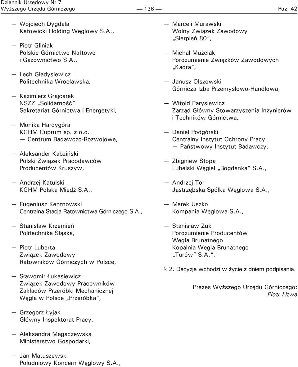 , Lech Gładysiewicz Politechnika Wrocławska, Kazimierz Grajcarek NSZZ Solidarność Sekretariat Górnictwa i Energetyki, Monika Hardygóra KGHM Cuprum sp. z o.o. Centrum Badawczo-Rozwojowe, Aleksander Kabziński Polski Związek Pracodawców Producentów Kruszyw, Andrzej Katulski KGHM Polska Miedź S.