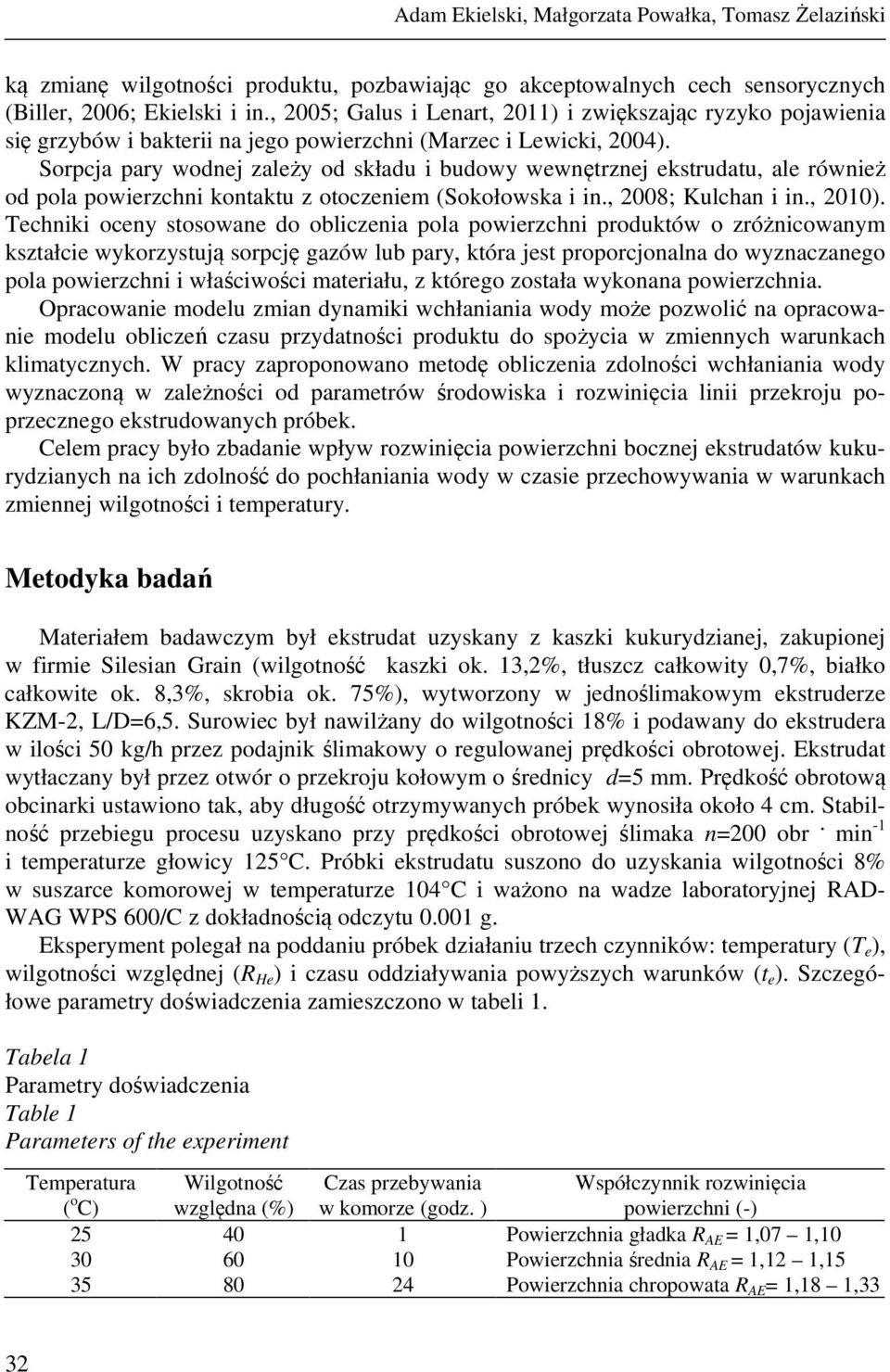 Sorpcja pary wodnej zależy od składu i budowy wewnętrznej ekstrudatu, ale również od pola powierzchni kontaktu z otoczeniem (Sokołowska i in., 2008; Kulchan i in., 2010).