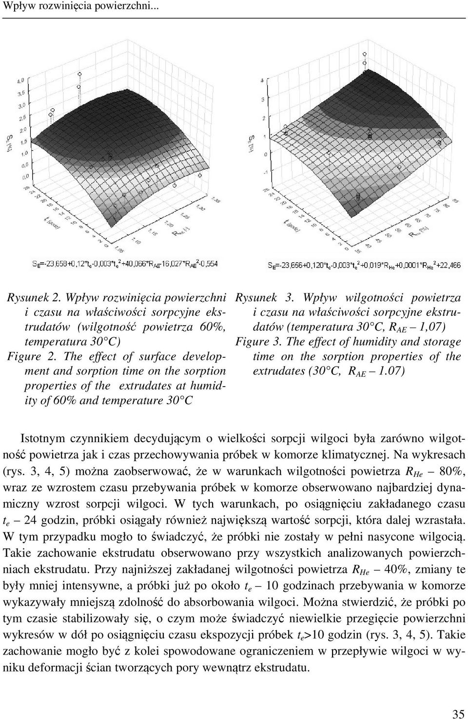 Wpływ wilgotności powietrza i czasu na właściwości sorpcyjne ekstrudatów (temperatura 30 C, R AE 1,07) Figure 3.