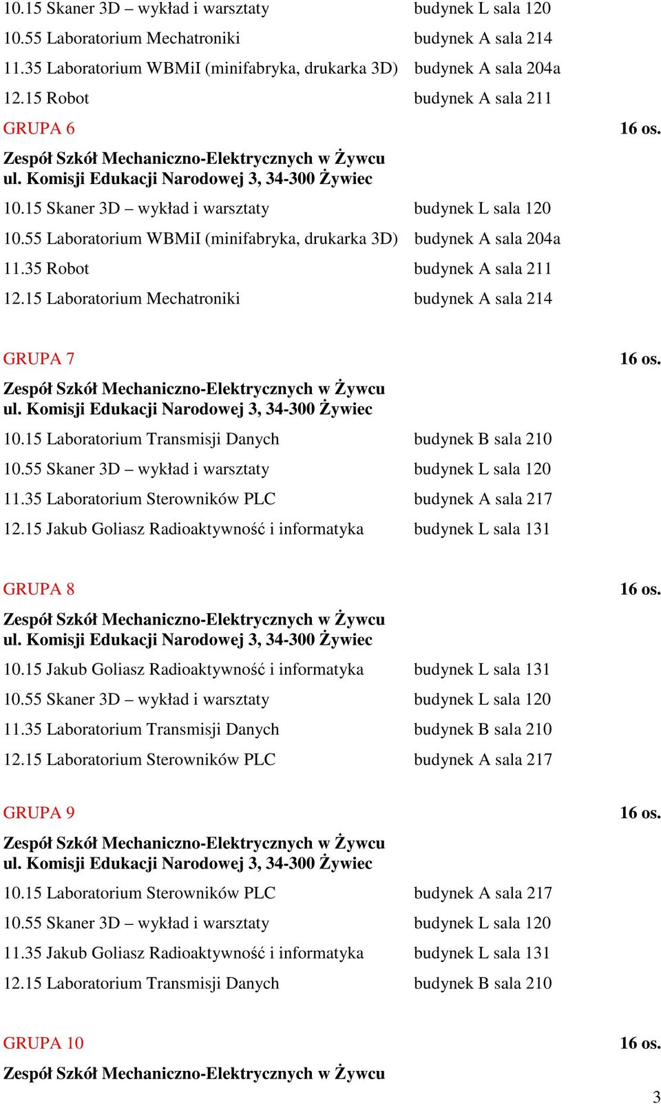 15 Laboratorium Transmisji Danych budynek B sala 210 11.35 Laboratorium Sterowników PLC budynek A sala 217 12.15 Jakub Goliasz Radioaktywność i informatyka budynek L sala 131 GRUPA 8 10.