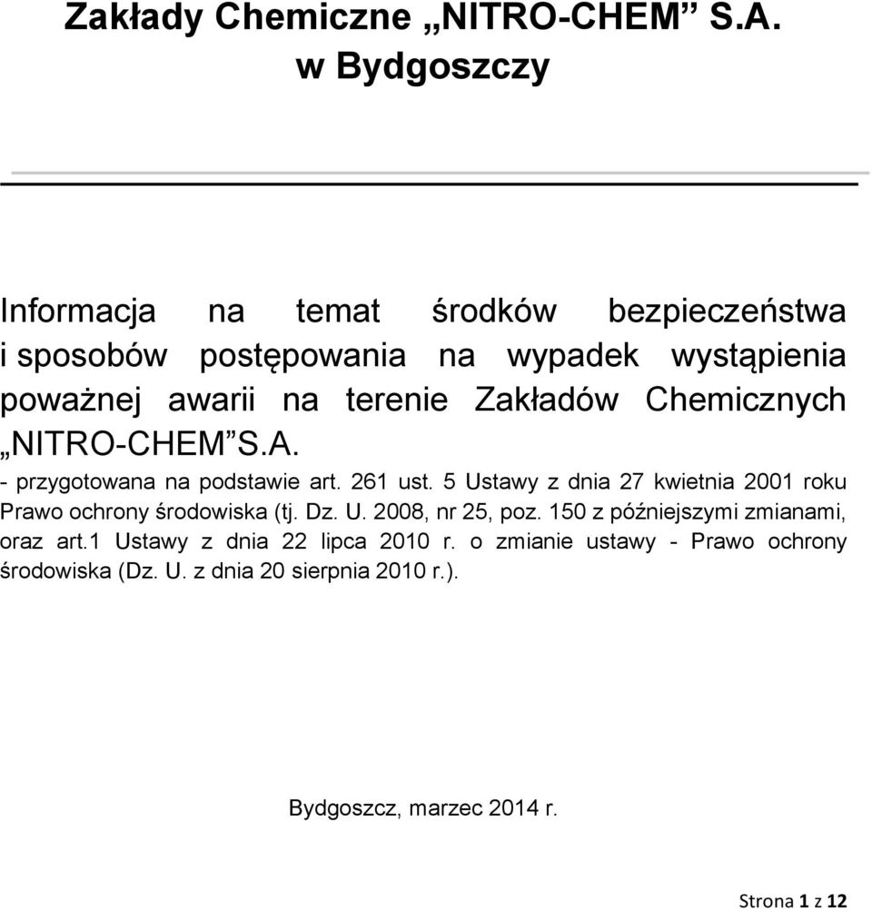 Zakładów Chemicznych NITRO-CHEM S.A. - przygotowana na podstawie art. 261 ust.