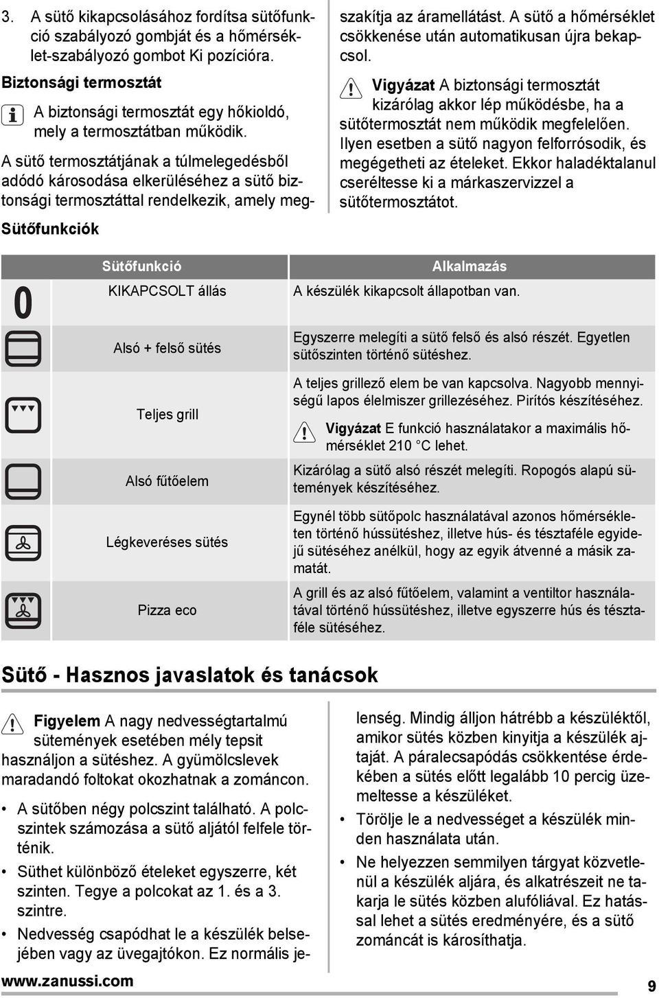 A sütő termosztátjának a túlmelegedésből adódó károsodása elkerüléséhez a sütő biztonsági termosztáttal rendelkezik, amely megszakítja az áramellátást.