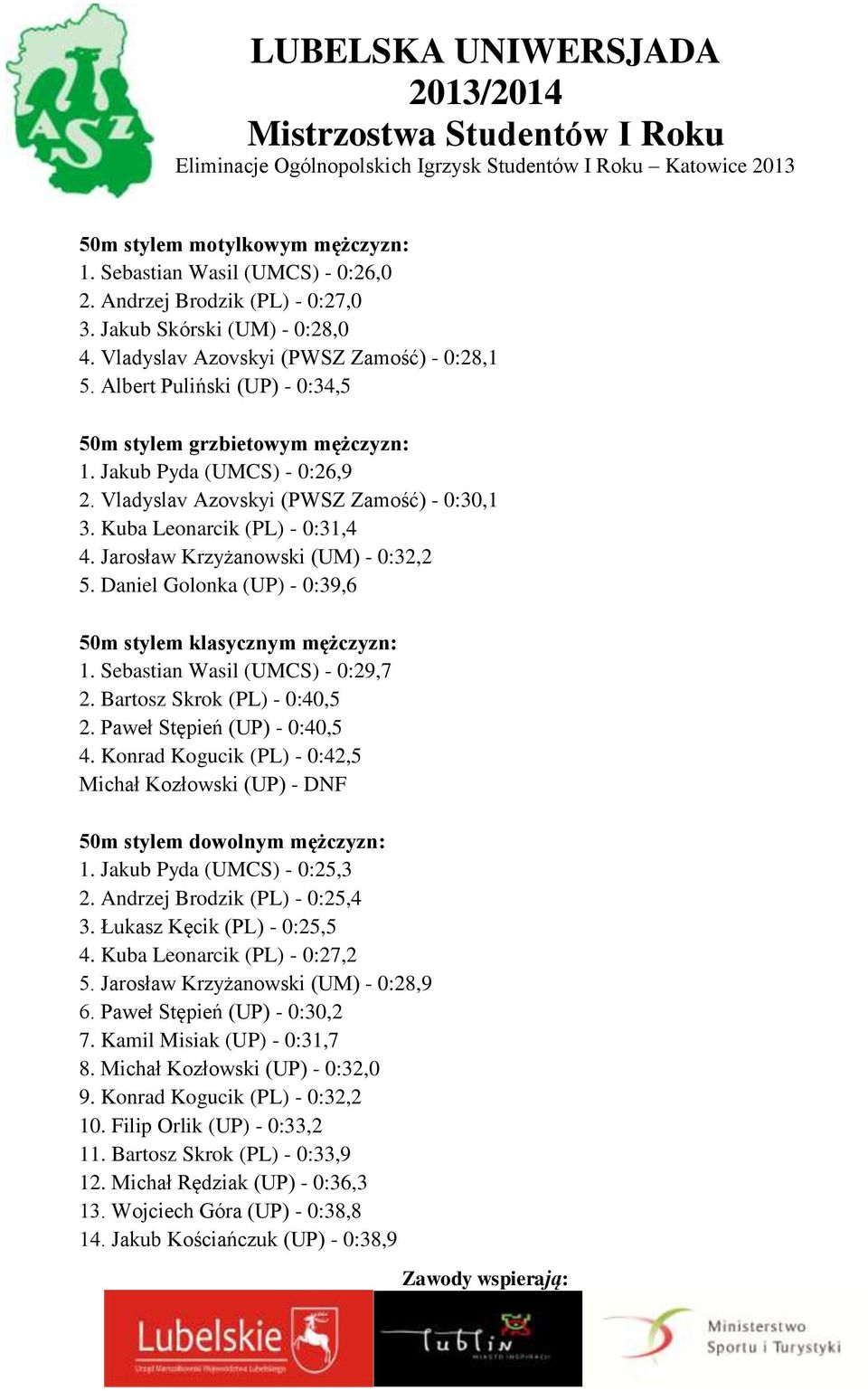 Jarosław Krzyżanowski (UM) - 0:32,2 5. Daniel Golonka (UP) - 0:39,6 50m stylem klasycznym mężczyzn: 1. Sebastian Wasil (UMCS) - 0:29,7 2. Bartosz Skrok (PL) - 0:40,5 2. Paweł Stępień (UP) - 0:40,5 4.