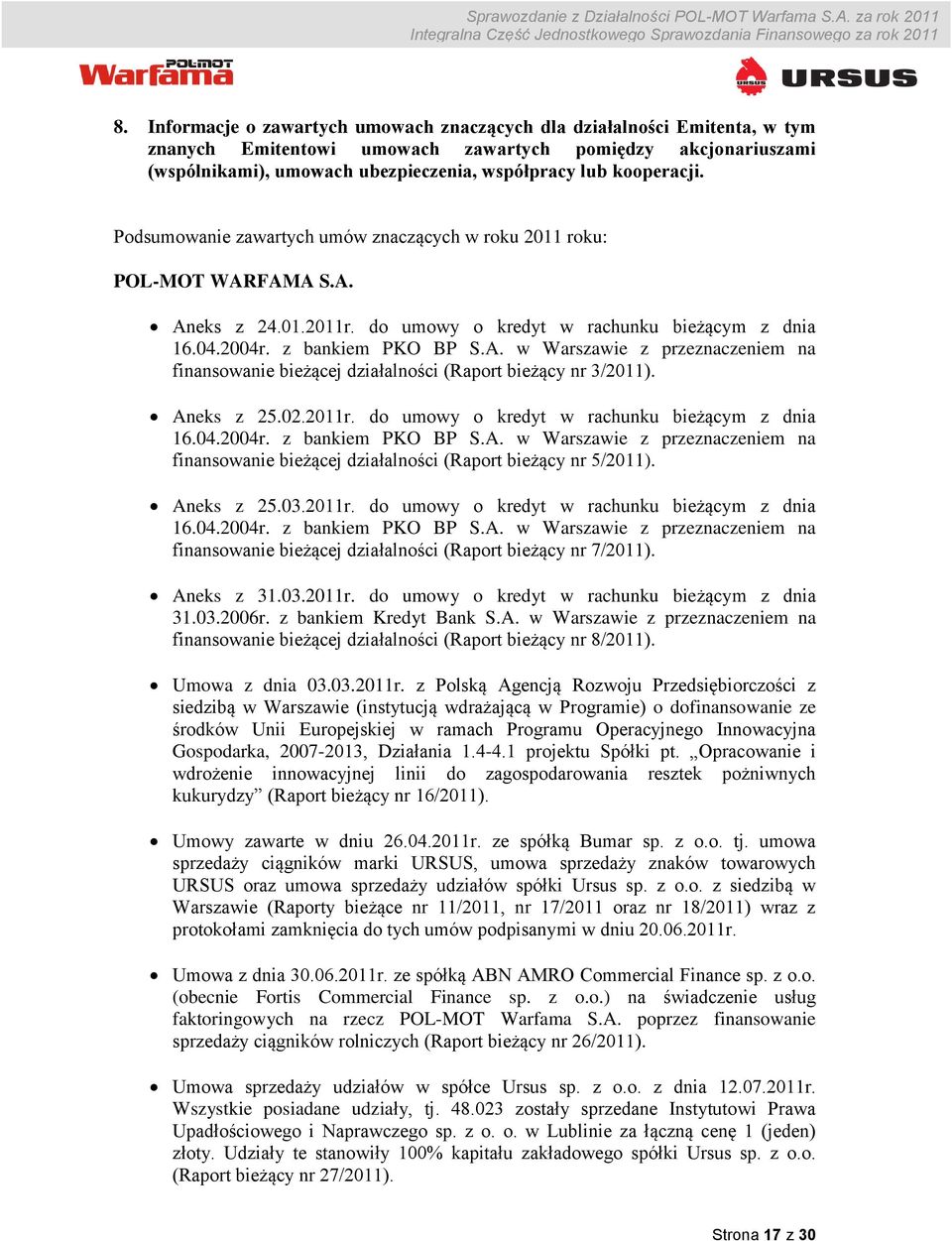 Aneks z 25.02.2011r. do umowy o kredyt w rachunku bieżącym z dnia 16.04.2004r. z bankiem PKO BP S.A. w Warszawie z przeznaczeniem na finansowanie bieżącej działalności (Raport bieżący nr 5/2011).