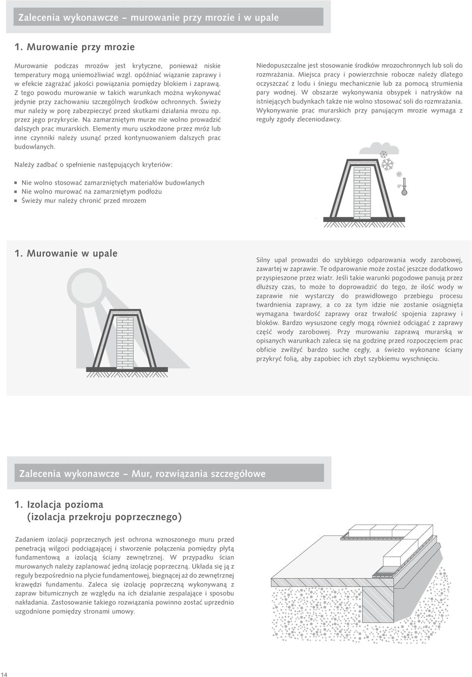 Z tego powodu murowanie w takich warunkach można wykonywać jedynie przy zachowaniu szczególnych środków ochronnych. Świeży mur należy w porę zabezpieczyć przed skutkami działania mrozu np.