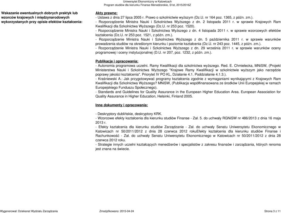 - Rozporządzenie Ministra Nauki i Szkolnictwa Wyższego z dn. 2 listopada 2011 r. w sprawie Krajowych Ram Kwalifikacji dla Szkolnictwa Wyższego (Dz.U. nr 253 poz. 1520).