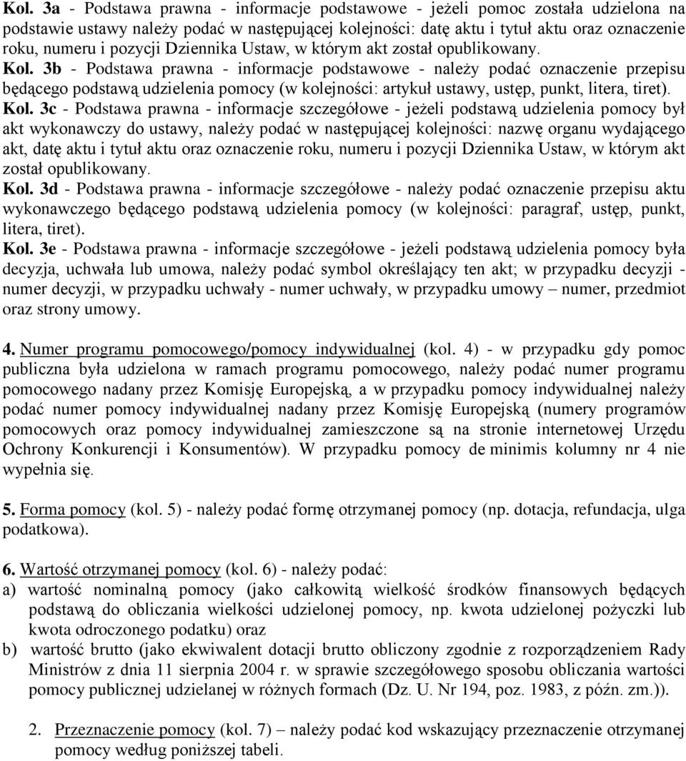 3b - Podstawa prawna - informacje podstawowe - należy podać oznacze przepisu będącego podstawą udzielenia pomocy (w kolejności: artykuł ustawy, ustęp, punkt, litera, tiret). Kol.